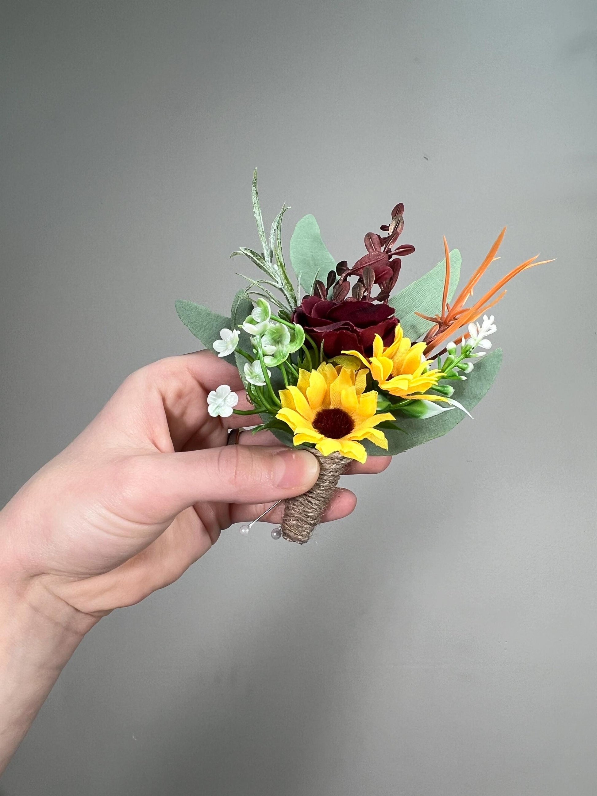 Wedding Sunflower Burgundy Boutonniere Groom Boutonnières Groomsmen Sunflower Boutonnière Maroon Fall Sunflower Yellow Artificial Flowers
