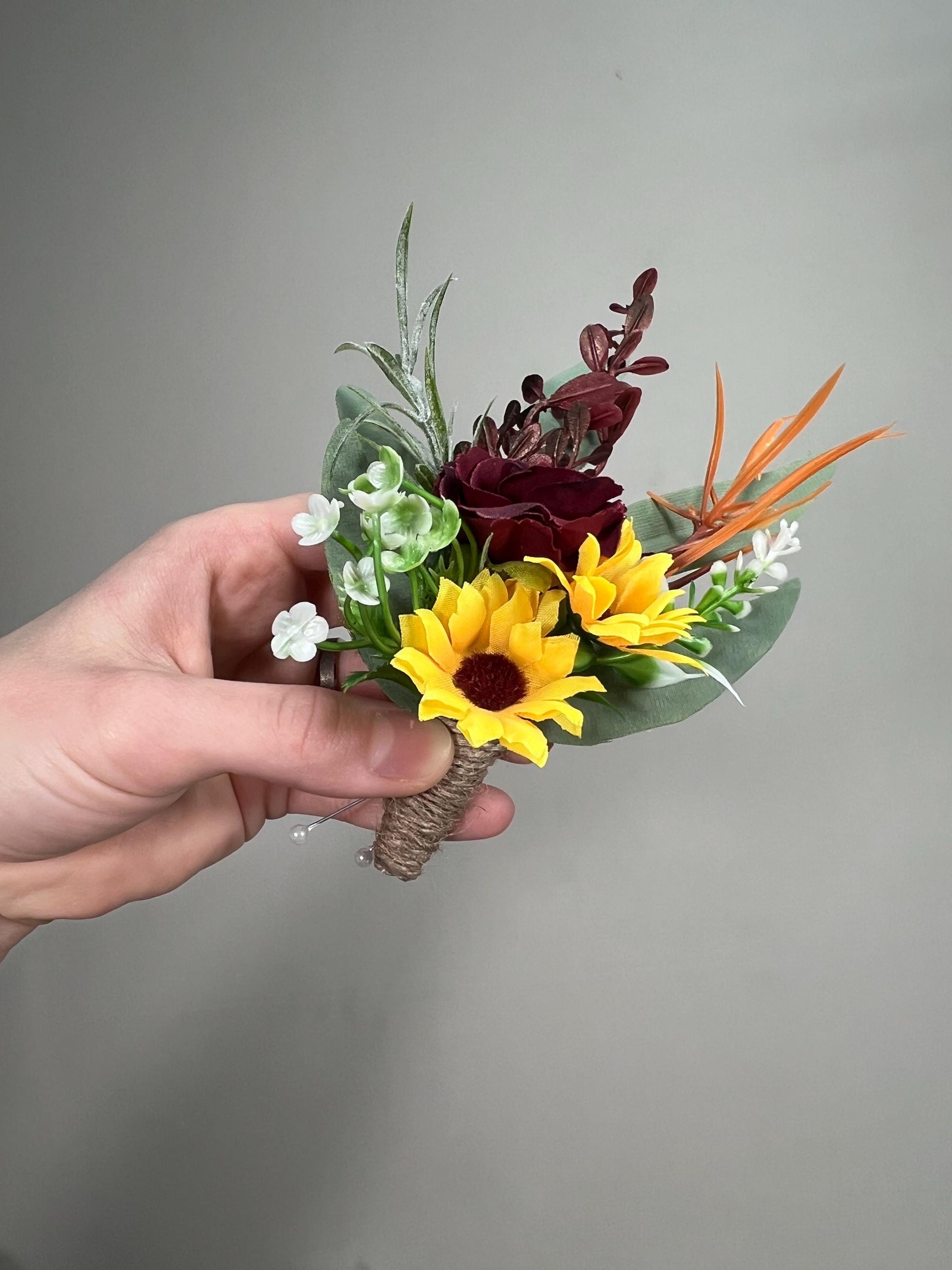 Wedding Sunflower Burgundy Boutonniere Groom Boutonnières Groomsmen Sunflower Boutonnière Maroon Fall Sunflower Yellow Artificial Flowers