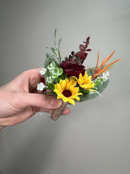 Wedding Sunflower Burgundy Boutonniere Groom Boutonnières Groomsmen Sunflower Boutonnière Maroon Fall Sunflower Yellow Artificial Flowers