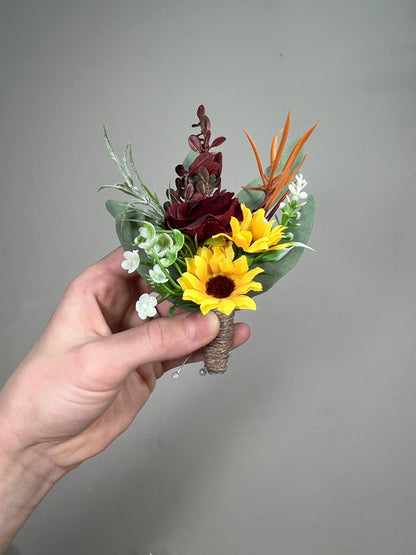 Wedding Sunflower Burgundy Boutonniere Groom Boutonnières Groomsmen Sunflower Boutonnière Maroon Fall Sunflower Yellow Artificial Flowers