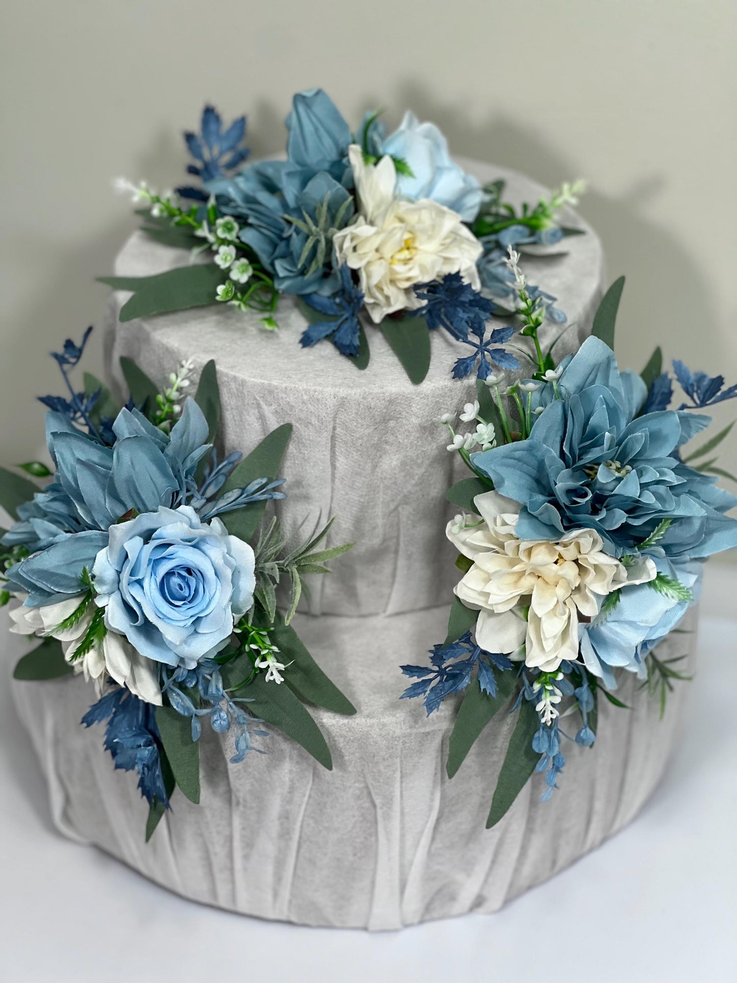 Dusty Blue Cake Decor Wedding White Dusty Blue Cake Topper Flower Dahlia Cake Arrangement Flower White Sky Blue Artificial Flower Cake Decor