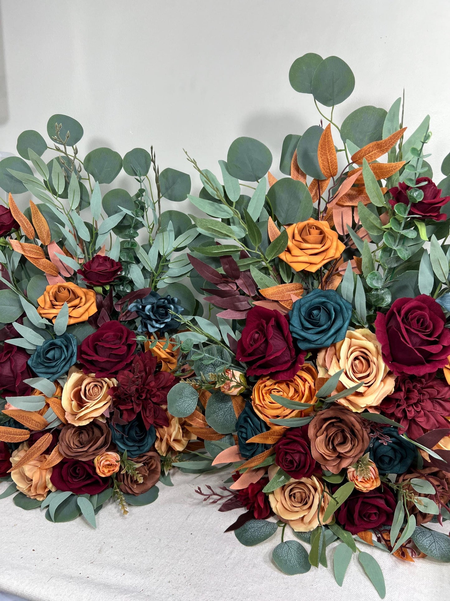 Wedding Aisle Marker Flower Floor Arrangement Whiskey Barrel Décor Dark Teal Burnt Orange Burgundy Terracotta Ground Arch Rust