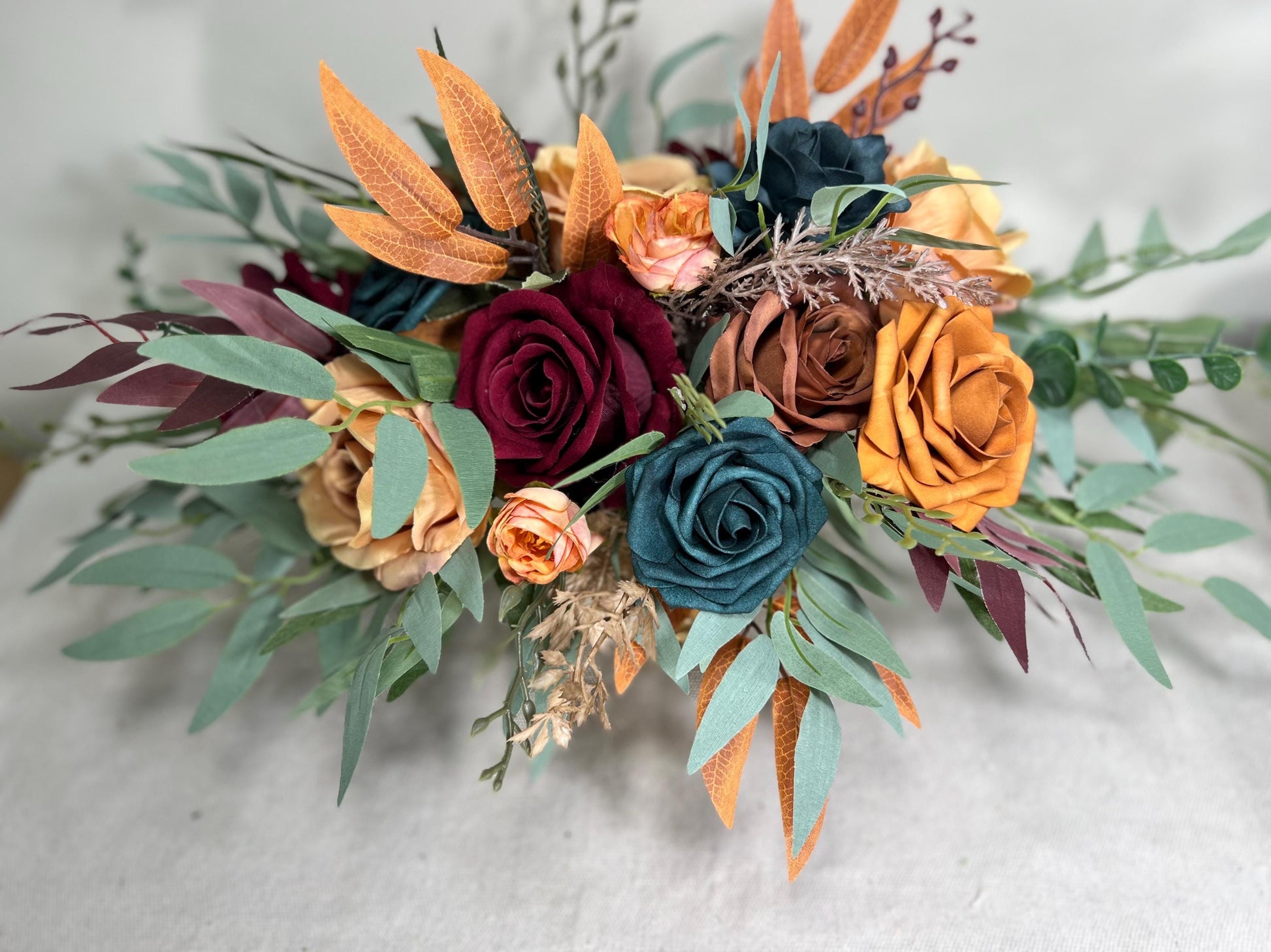 Dark Teal Terracotta Burgundy Centerpiece Wedding Table Decor Teal Rust Wedding Centerpiece Dark Teal Burn Orange Maroon Artificial Flower
