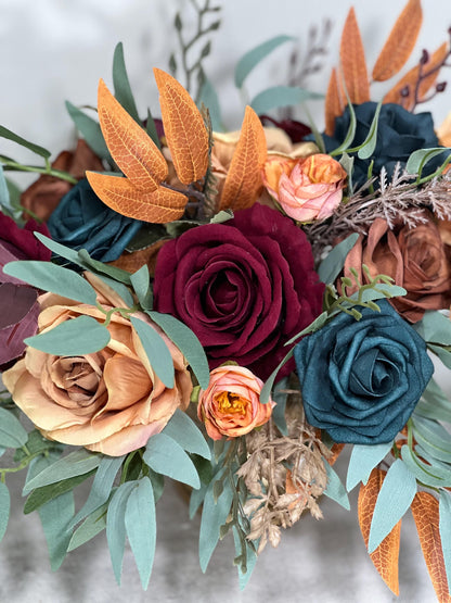Wedding Dark Teal Bouquet Bridal Burgundy Terracotta Bridesmaids Burgundy Burnt Orange Bouquet Dark Teal Blue Rust Artificial Flowers