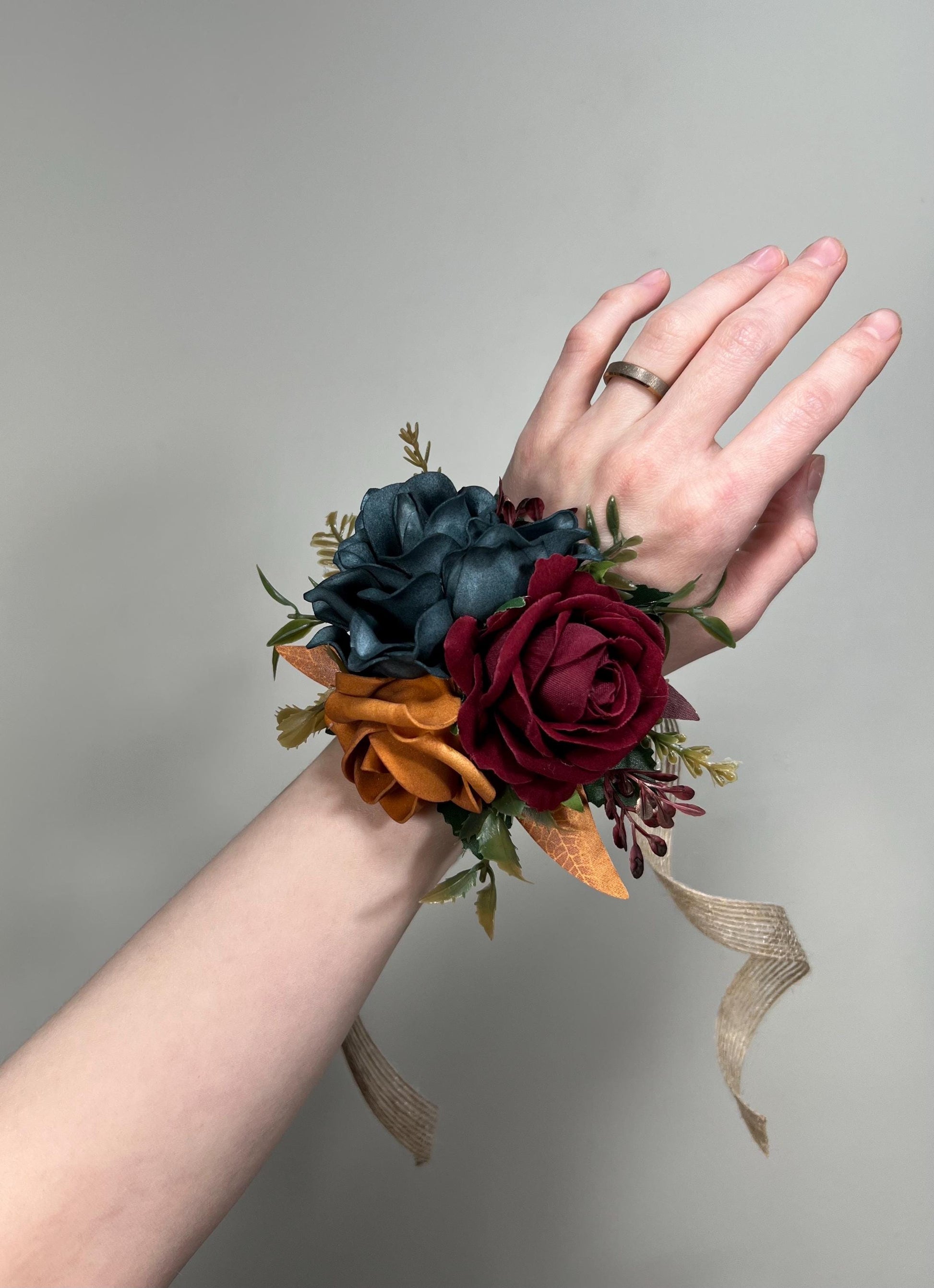 Dark Teal Corsage Wedding Teal Corsage Wrist Corsage Burgundy Teal Corsage Terracotta Mom Corsage Teal Rust Burgundy Artificial Flowers