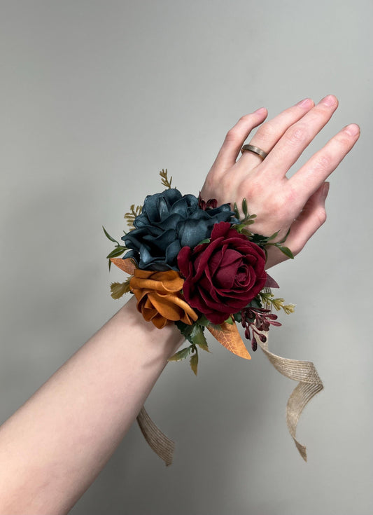 Dark Teal Corsage Wedding Teal Corsage Wrist Corsage Burgundy Teal Corsage Terracotta Mom Corsage Teal Rust Burgundy Artificial Flowers