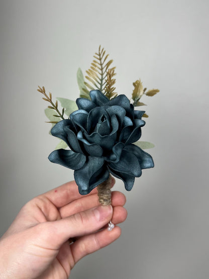 Teal Boutonniere Wedding Dark Teal Groom Boutonnière Teal Pin On Groomsmen Peacock Boutonniere Prom Dark Teal Artificial Flower