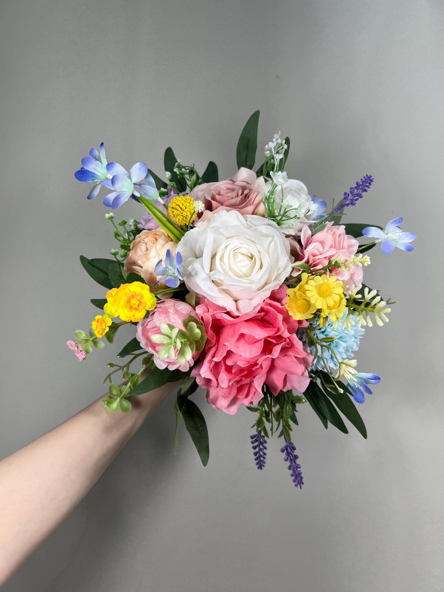 Colorful Bouquet Wedding Summer Bridal Bouquet Pink Blue Bouquet Bridesmaids Wildflowers Bouquet Jewel Tone White Purple Blue Yellow