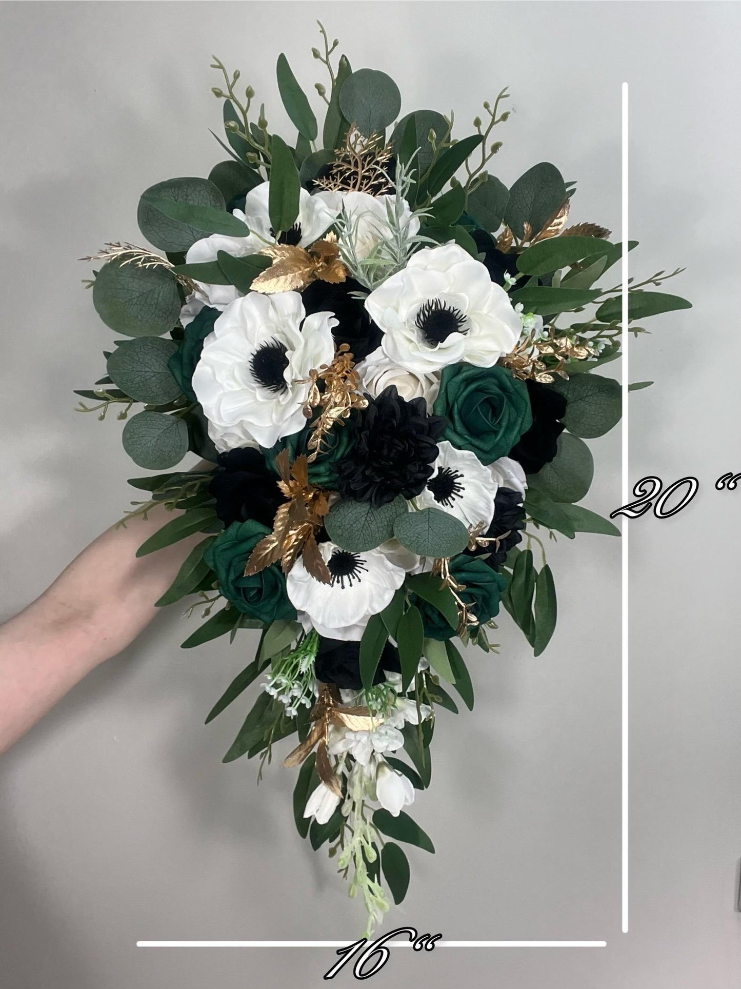 Emerald Green Bouquet Bridal Cascade White Black Bouquet Bridesmaids Emerald Green Forest Anemone Cascading Bouquet Gold Artificial Flower