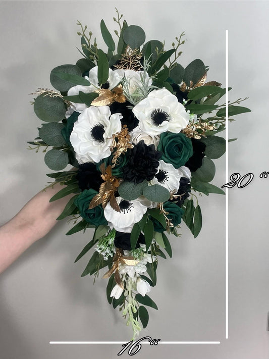 Emerald Green Bouquet Bridal White Black Bouquet Bridesmaids Emerald Green Forest Anemone Bouquet Gold Black Eucalyptus Artificial Flower