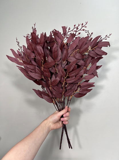 Artificial Willow 1 Bundle Burgundy Eucalyptus Stems Leaves Decor Wedding Maroon Greenery Faux Willow Wine Red Craft Supplies Wedding