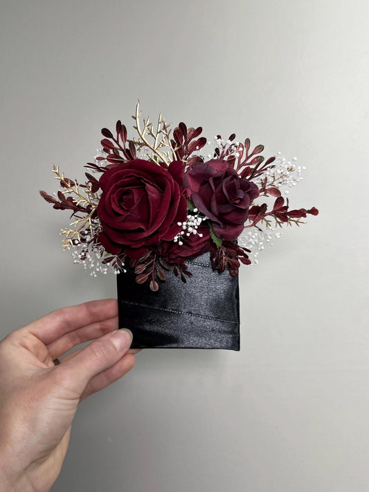 Burgundy Pocket Boutonniere Wedding Wine Red Square Boutonniere Groom Maroon Boutonnière Pocket Boutonnière Burgundy Gold Baby Breath