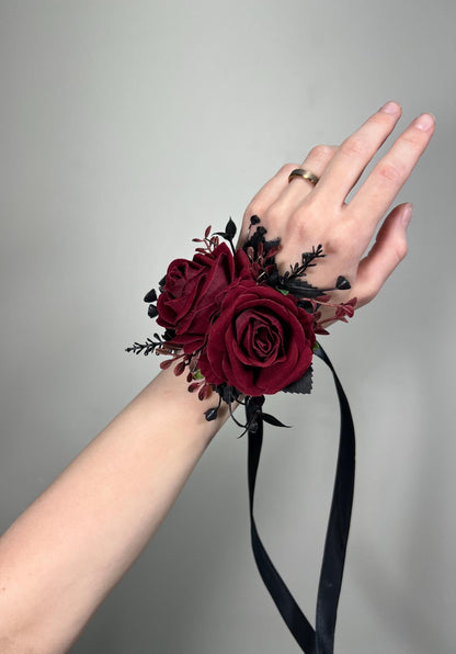 Black Burgundy Corsage Wedding Gothic Wrist Corsage Bridesmaids Black Corsage Mom Black Burgundy Accessories Artificial Flower