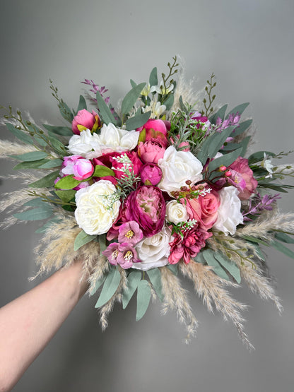 Pink Bouquet Wedding Bridal Fuchsia Bouquet White Viva Magenta Boho Bouquet Hot Pink Ivory Pampas Grass Bouquet Bridesmaids WildFlowers
