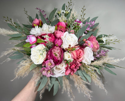 Pink Bouquet Wedding Bridal Fuchsia Bouquet White Viva Magenta Boho Bouquet Hot Pink Ivory Pampas Grass Bouquet Bridesmaids WildFlowers