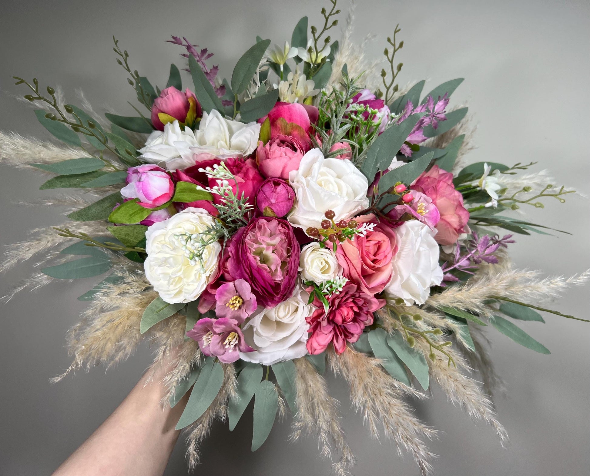 Pink Bouquet Wedding Bridal Fuchsia Bouquet White Viva Magenta Boho Bouquet Hot Pink Ivory Pampas Grass Bouquet Bridesmaids WildFlowers