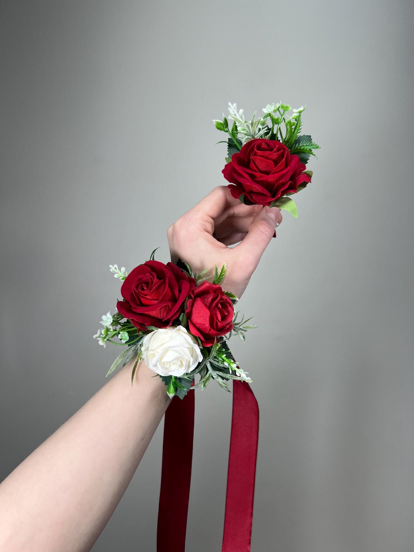 Red Corsage Wedding Corsage Wrist White Red Corsage Bridesmaids Wedding Corsage Red Ivory Mom Wrist Red Rose Corsage Prom Artificial Flower