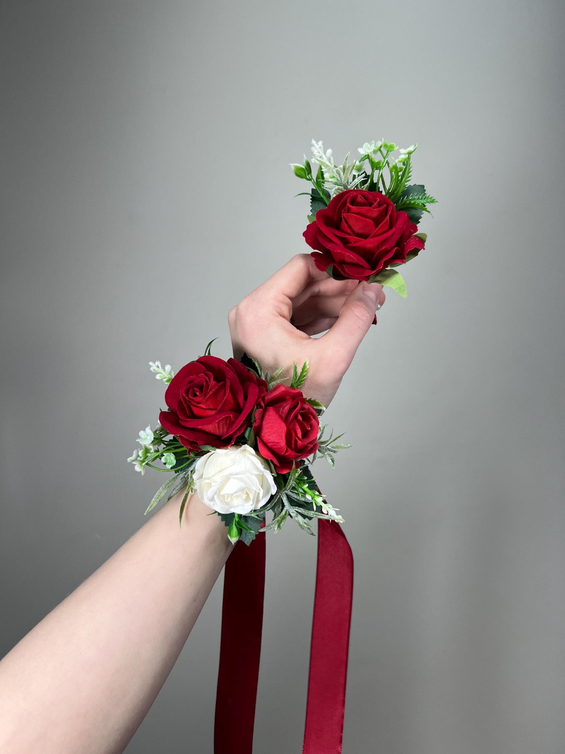 Red Corsage Wedding Corsage Wrist White Red Corsage Bridesmaids Wedding Corsage Red Ivory Mom Wrist Red Rose Corsage Prom Artificial Flower