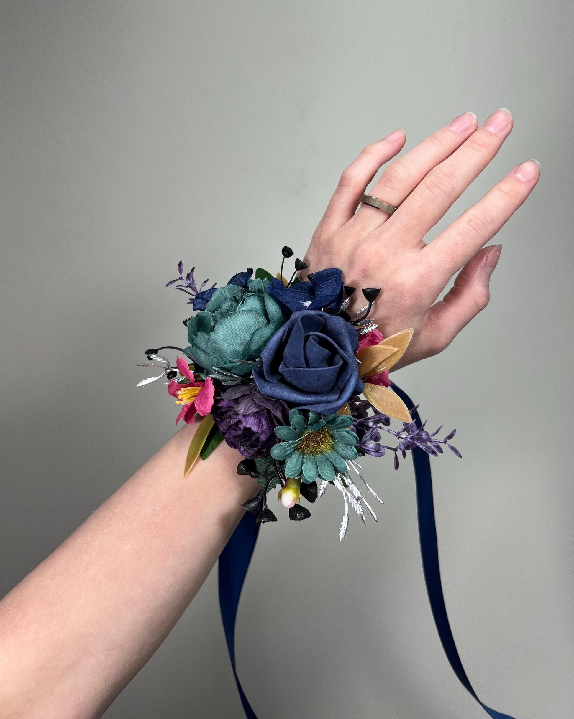 Jewel Tone Corsage Wedding Teal Navy Blue Wrist Cosage Plum Magenta Corsage Bridesmaids Purple Dark Teal Fuchsia Corsage Prom Dark Blue