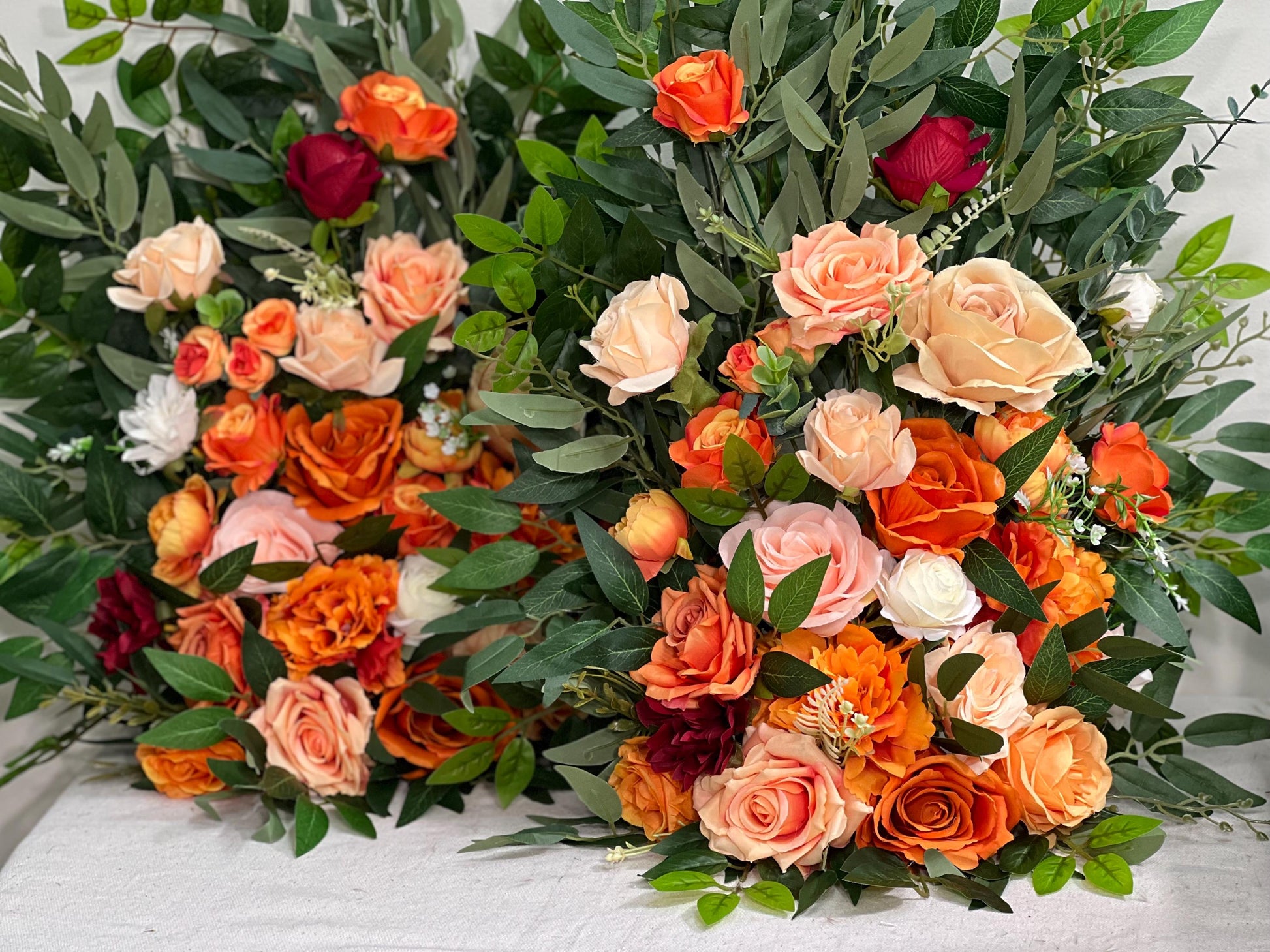 Set of 2 Wedding Aisle Marker Flower Floor Arrangement Whiskey Barrel Décor Orange Ground Arch Burnt Orange Burgundy Terracotta