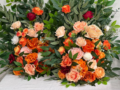 Wedding Aisle Marker Flower Floor Arrangement Whiskey Barrel Décor Orange Ground Arch Burnt Orange Burgundy Terracotta