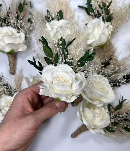 White Pocket Boutonniere White Groom Boutonnière Ivory Square Groomsmen Pocket Eucalyptus Boutonniere Baby Breath Pampas Grass