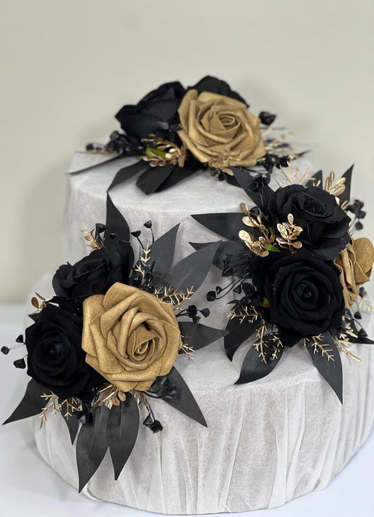 Black Cake Decoration Wedding Cake Flower Topper Gold Black Decor Attificial Flower Cake Arrangement Black Gold Cake Topper Flower Gothic