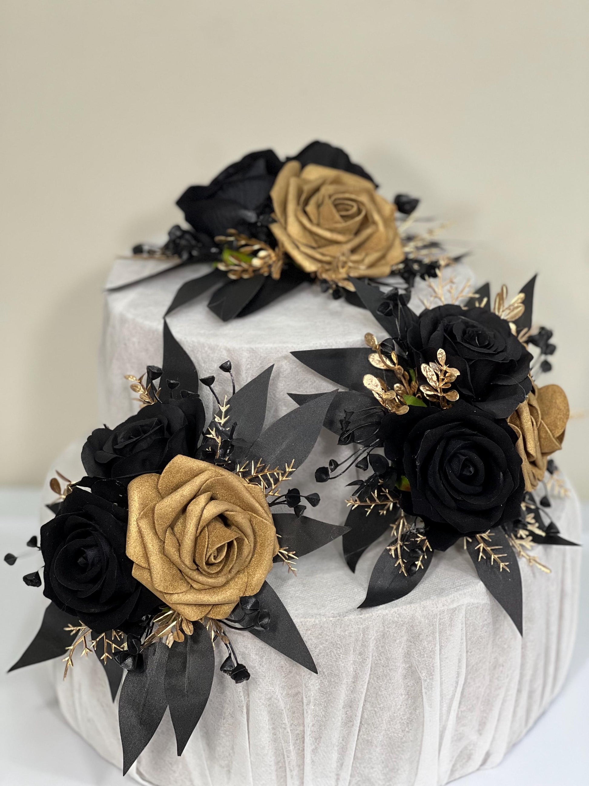 Black Cake Decoration Wedding Cake Flower Topper Gold Black Decor Attificial Flower Cake Arrangement Black Gold Cake Topper Flower Gothic