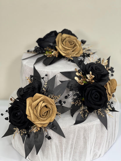 Black Cake Decoration Wedding Cake Flower Topper Gold Black Decor Attificial Flower Cake Arrangement Black Gold Cake Topper Flower Gothic