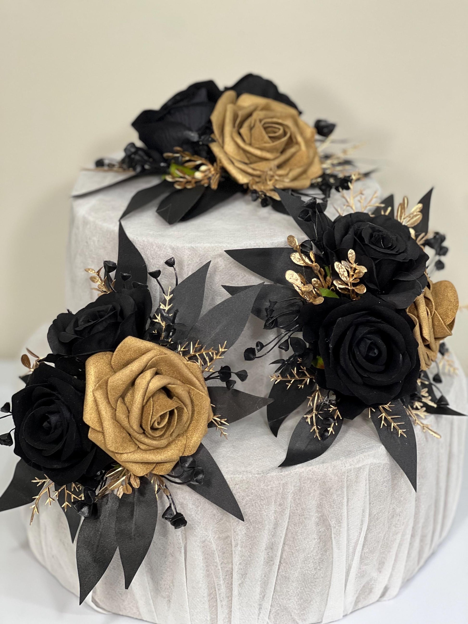 Black Cake Decoration Wedding Cake Flower Topper Gold Black Decor Attificial Flower Cake Arrangement Black Gold Cake Topper Flower Gothic