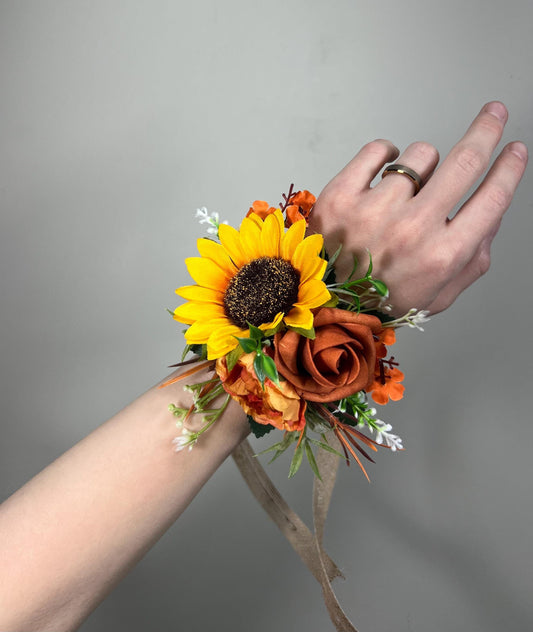 Sunflower Corsage Wedding Wrist Corsage Sunflower Burnt Orange Bridesmaids Corsage Terracotta Sunflowers Fall Corsage Artifitical Flower