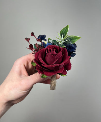 Burgundy Navy Blue Boutonniere Wedding Groom Boutonniere Burgundy Dark Blue Groomsmen Boutonnière Prom Navy Blue Maroon Artificial Flowers