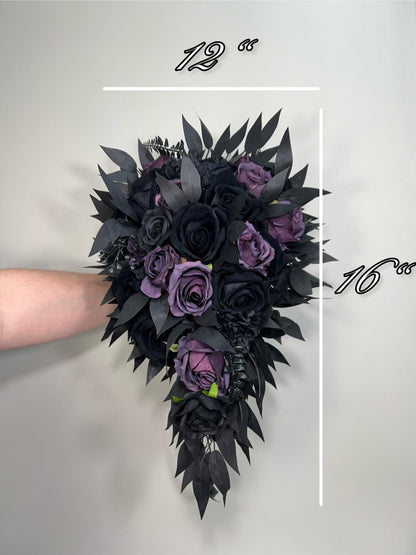 Black Plum Bouquet Bridal Cascading Black Wedding Bouquet Plum Gothic Bridesmaids Bouquet Cascade Dark Purple Black Wedding Artificial