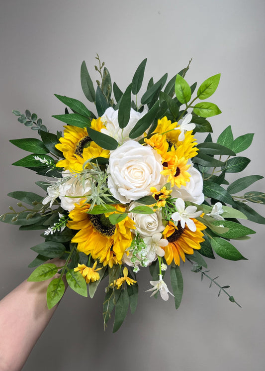 Sunflower Bouquet Bridal White Sunflowers Wedding Bouquet White Baby Breath Bridesmaids Yellow Sunflowers Bouquet Eucalyptus Artificial
