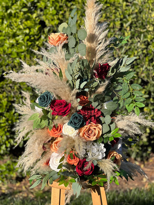 Wedding Aisle Marker Flower Floor Arrangement Barrel Décor Teal Burnt Orange Burgundy