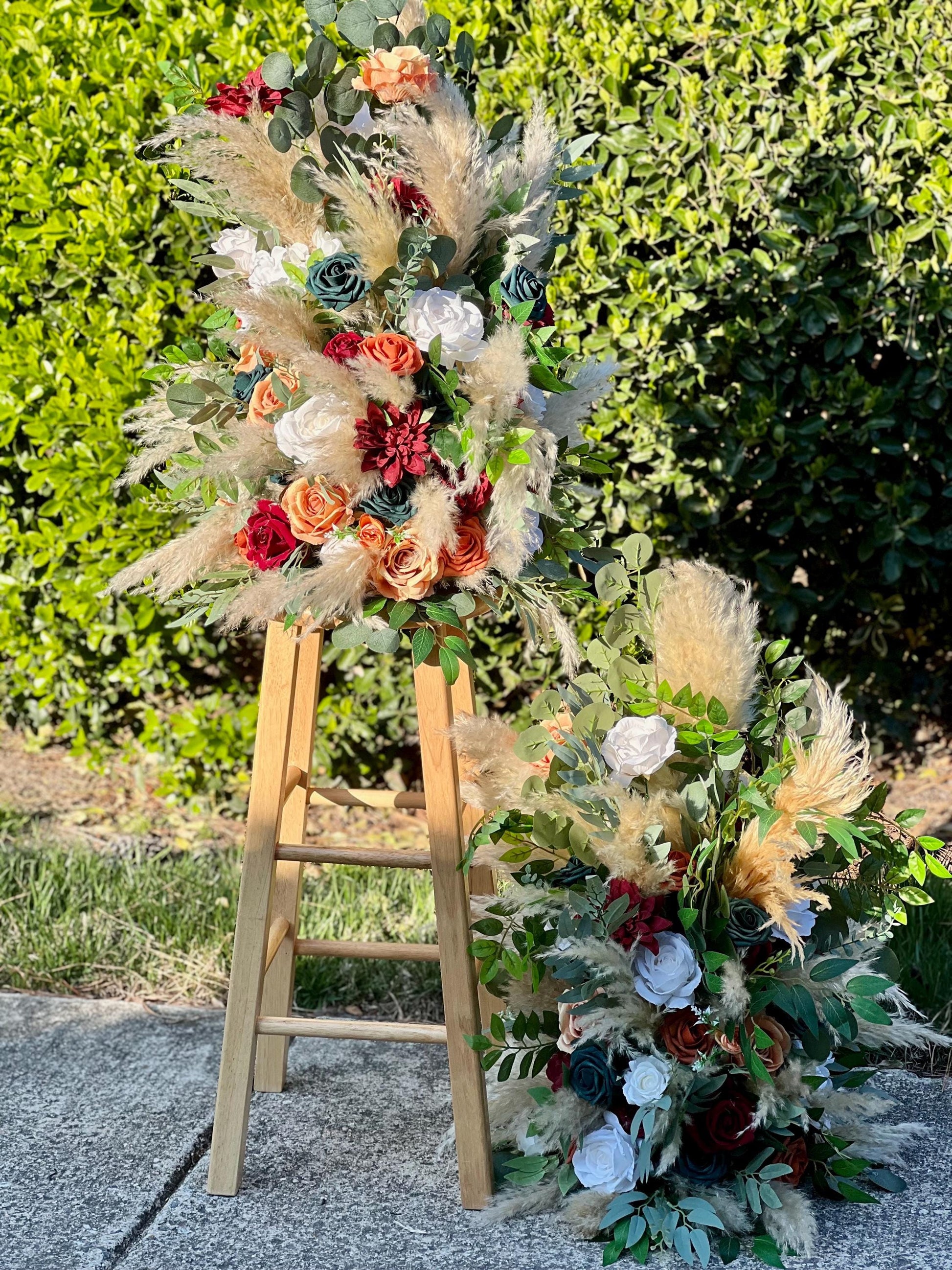 Wedding Aisle Marker Flower Floor Arrangement Barrel Décor Teal Burnt Orange Burgundy