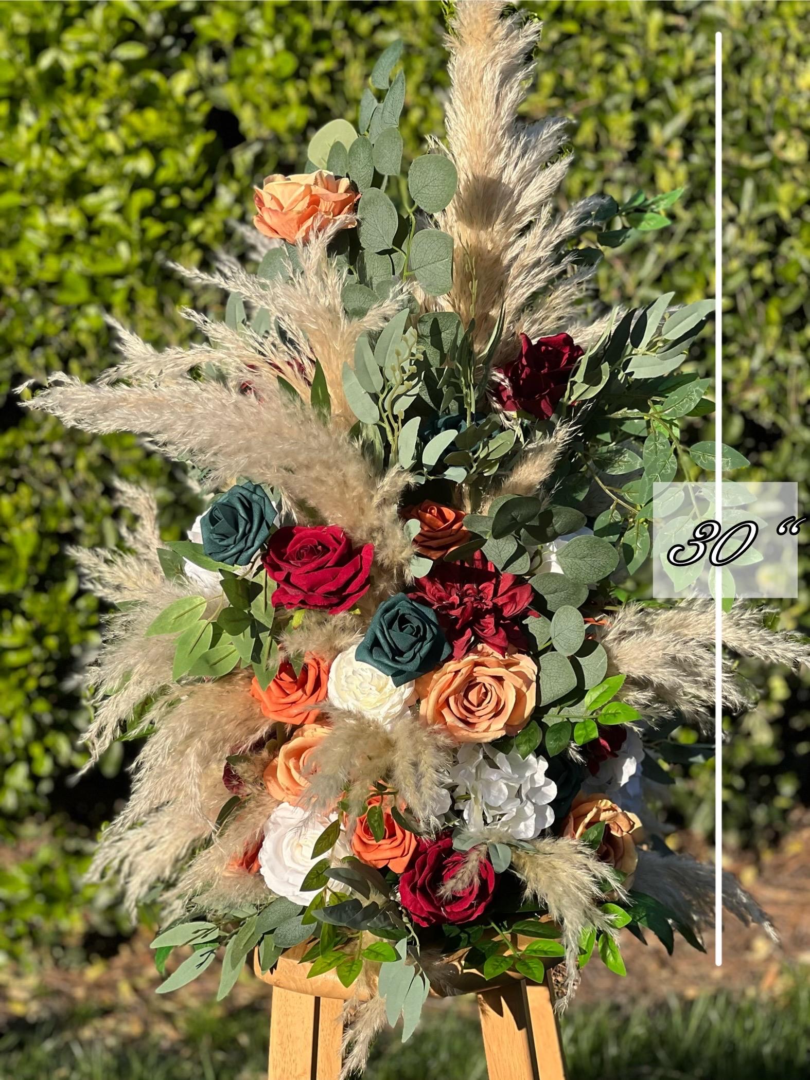 Wedding Aisle Marker Flower Floor Arrangement Whiskey Barrel Orange Décor Teal Boho Terracotta Burgundy White Ground Arch Pampas Grass