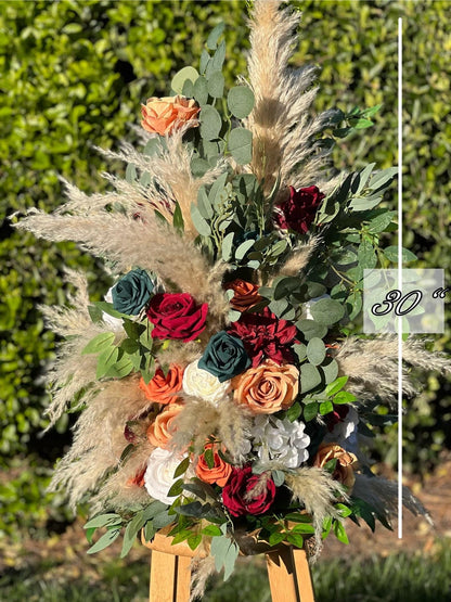 Wedding Aisle Marker Flower Floor Arrangement Whiskey Barrel Orange Décor Teal Boho Terracotta Burgundy White Ground Arch Pampas Grass