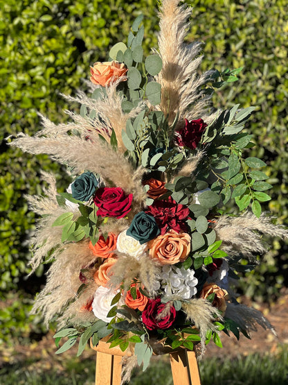 Wedding Aisle Marker Flower Floor Arrangement Whiskey Barrel Orange Décor Teal Boho Terracotta Burgundy White Ground Arch Pampas Grass