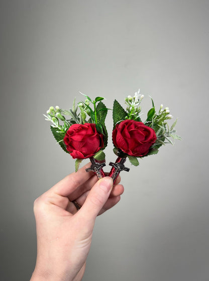 Christian Boutonniere With Cross Pin On Corsage Wrist Groom Wedding Groomsmen Boutonnière Ivory White Rose Catholic Wedding