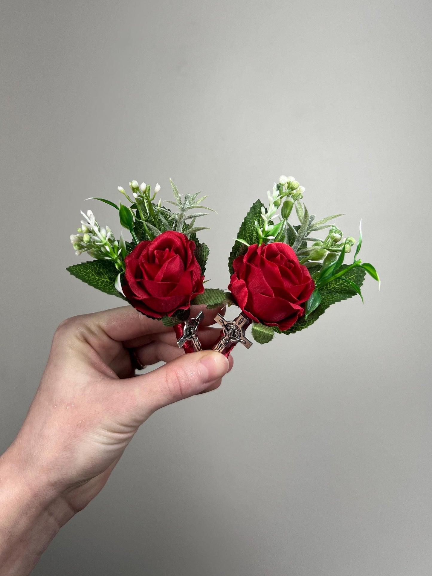 Christian Boutonniere With Cross Pin On Corsage Wrist Groom Wedding Groomsmen Boutonnière Ivory White Rose Catholic Wedding