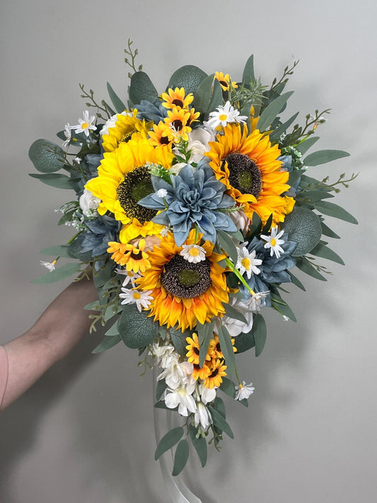 Sunflower Dusty Blue Bouquet Wedding Cascading Sunflower Bridal Bouquet Dusty Blue Cascade Bridesmaids Bouquet Yellow Sunflowers Blue Reddit