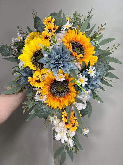 Sunflower Dusty Blue Bouquet Wedding Cascading Sunflower Bridal Bouquet Dusty Blue Cascade Bridesmaids Bouquet Yellow Sunflowers Blue