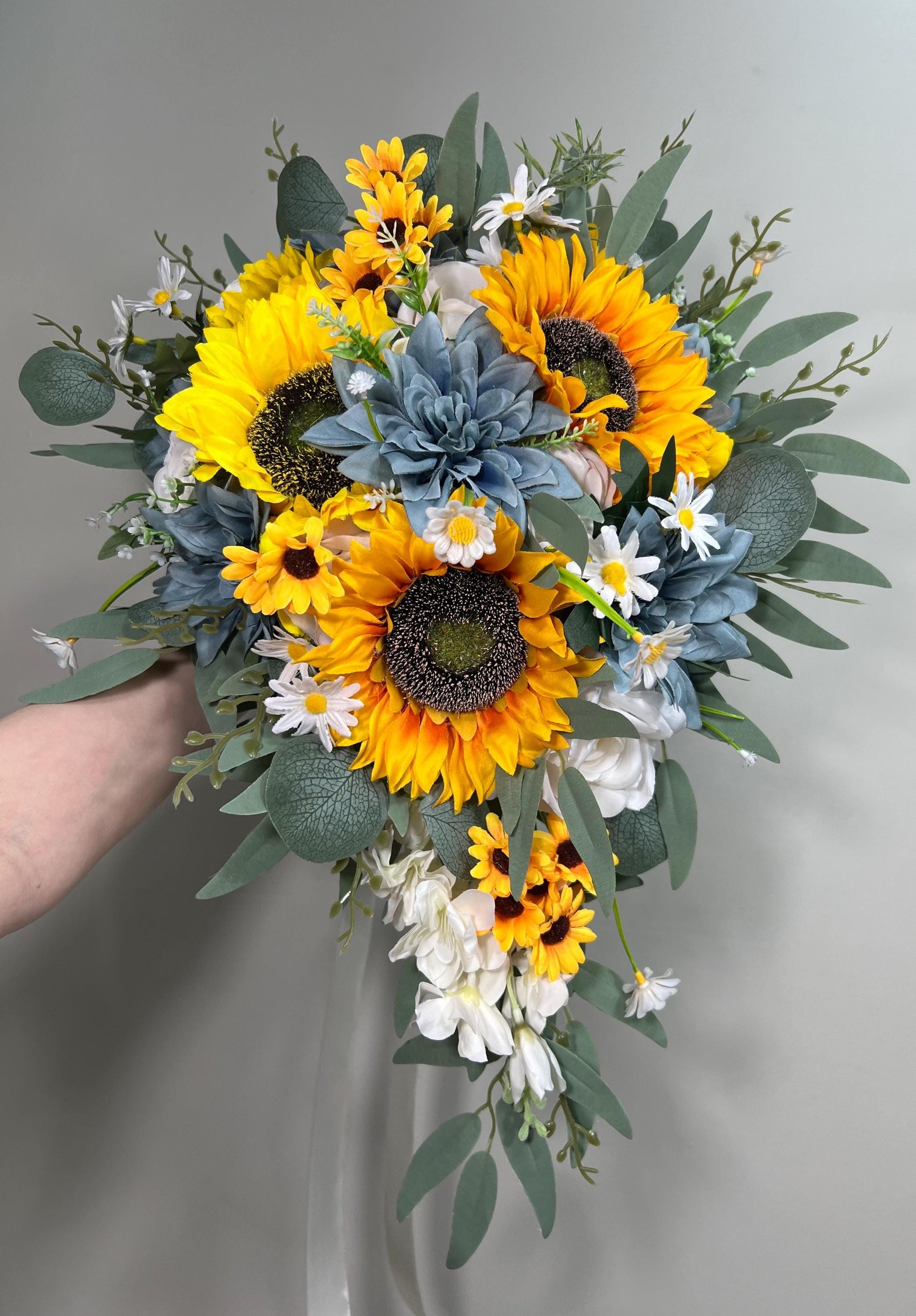 Sunflower Dusty Blue Bouquet Wedding Cascading Sunflower Bridal Bouquet Dusty Blue Cascade Bridesmaids Bouquet Yellow Sunflowers Blue