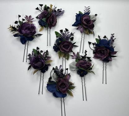 Plum Hair Pin Wedding Navy Blue Flower Girl Headpiece Floral Purple Dark Blue Hair Pin Accessories Plum Blue Hair Pin Artificial Flower
