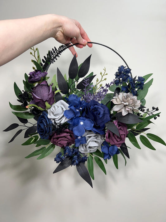 Plum Navy Blue Hoop Wedding Flower Girl Purple Dark Blue Grey Hoop Flower Alternative Bouquet Plum Navy Blue Bridesmaids Hoop Artificial