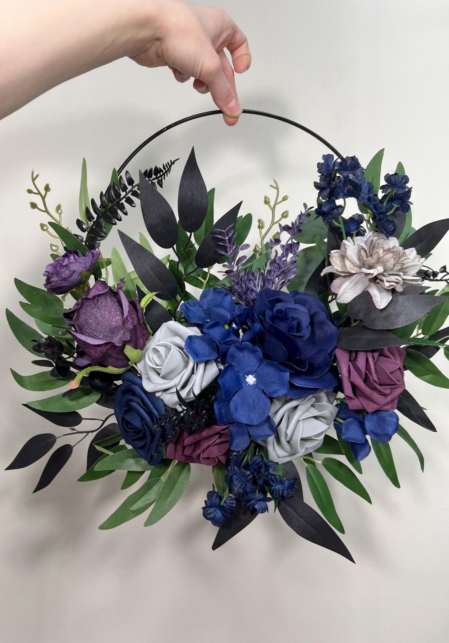 Plum Navy Blue Hoop Wedding Flower Girl Purple Dark Blue Grey Hoop Flower Alternative Bouquet Plum Navy Blue Bridesmaids Hoop Artificial