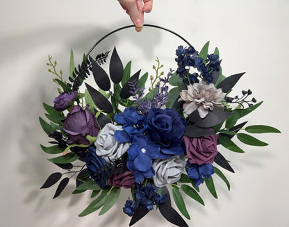 Plum Navy Blue Hoop Wedding Flower Girl Purple Dark Blue Grey Hoop Flower Alternative Bouquet Plum Navy Blue Bridesmaids Hoop Artificial