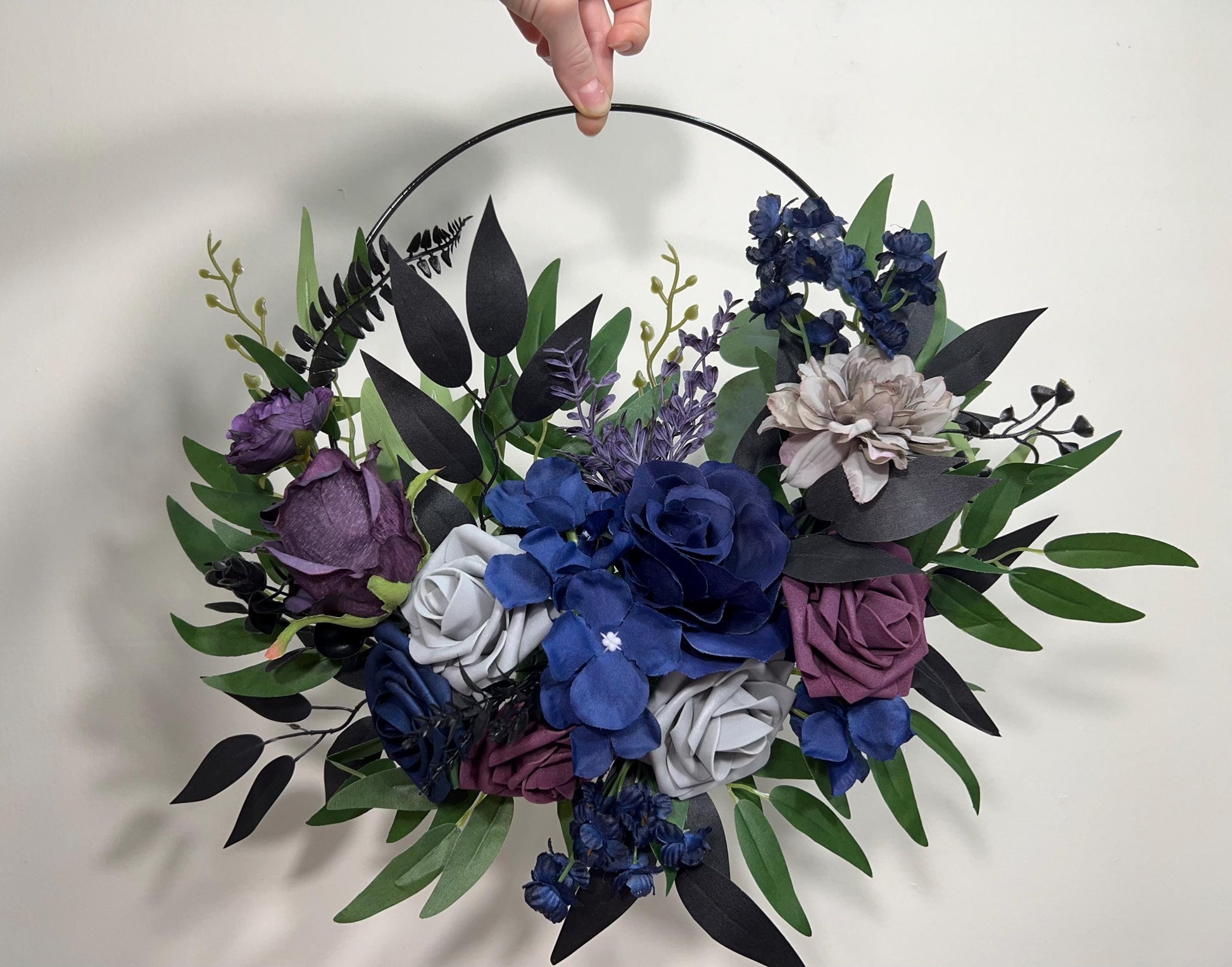 Plum Navy Blue Hoop Wedding Flower Girl Purple Dark Blue Grey Hoop Flower Alternative Bouquet Plum Navy Blue Bridesmaids Hoop Artificial
