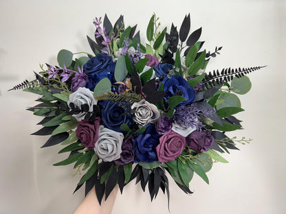 Navy Blue Bouquet Plum Wedding Bridal Bouquet Purple Dark Blue Grey Bouquet Bridesmaids Jewel Tones Bouquet Plum Blue Black Artifical Flower